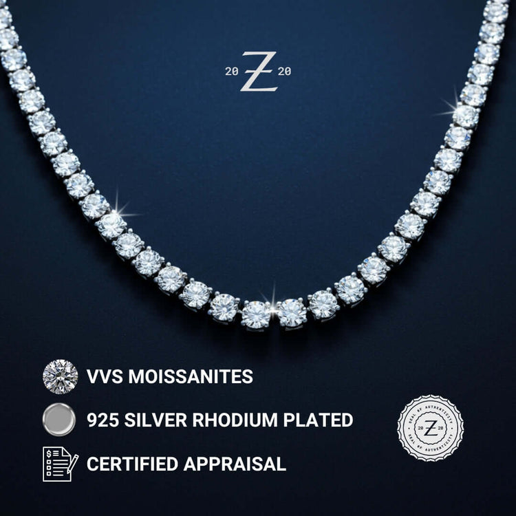 A sparkling Rose Gold Plated Moissanite Tennis Chain – 8mm, displayed on a dark background with icons highlighting VVS moissanites, 925 silver base with rose gold plating, and a certified appraisal—this elegant piece dazzles as a truly stunning moissanite tennis chain.