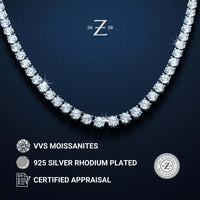 A close-up of the Tennis Chain - 925 Sterling Silver Moissanite sparkles on a dark background, with icons and text highlighting ethical jewelry, VVS moissanites, rhodium-plated 925 silver, certified appraisal, and a shining Z logo at the top center.
