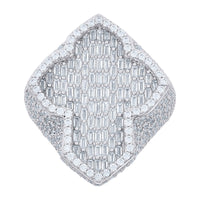 The 5.82ct Baguette Moissanite Cross Religious Ring features a wide sterling silver band adorned with geometric rows of rectangular and round gemstones, creating a sparkling, textured design ideal for expressing faith.