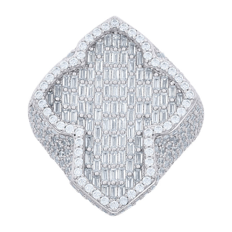 The 5.82ct Baguette Moissanite Cross Religious Ring features a wide sterling silver band adorned with geometric rows of rectangular and round gemstones, creating a sparkling, textured design ideal for expressing faith.