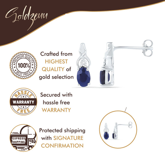 alt=" Discover versatile 10K gold earrings with synthetic blue sapphire that shine in any setting, perfect for elevating both casual and formal outfits. "