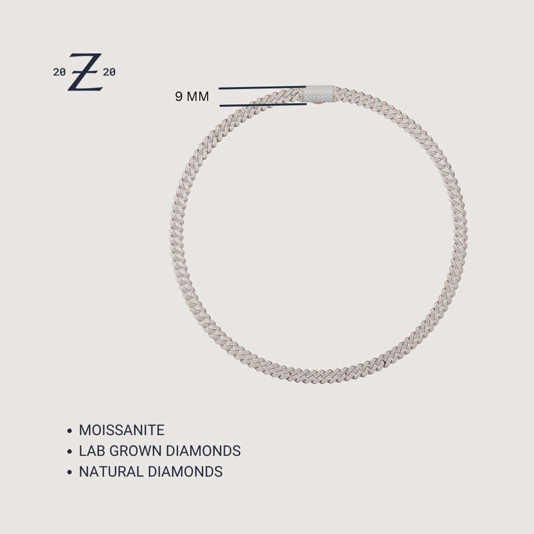 The Diamond Cuban Link Chain 14k - 9mm bracelet is shown against a light background with a stylized Z and "20 20" in the top left, offered with moissanite, lab-grown, or natural diamonds. Available in 14k Gold.
