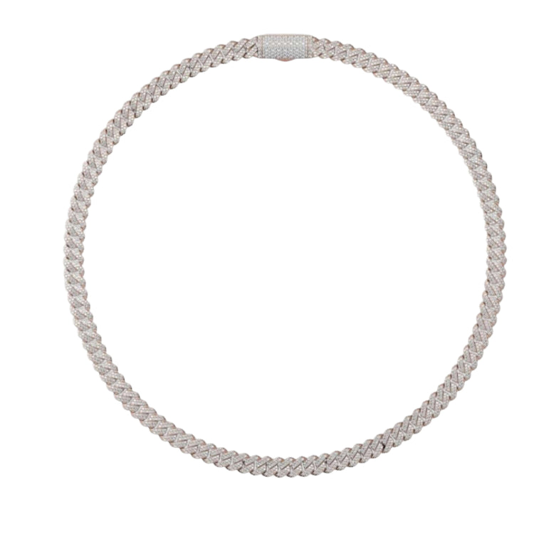 The Diamond Cuban Link Chain 14k - 9mm is a silver, tightly woven necklace with a textured clasp, displayed in a circular shape on a plain white background.