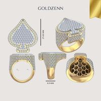 Four views of the Ace of Spades Diamond Ring – 6.08 CT Pavé Elegance by Goldzenn, a gold and lab-grown diamond spade-shaped ring with a honeycomb inner pattern, measuring 27 mm high by 6.5 mm wide, shown on a light background with a gold ribbon accent.