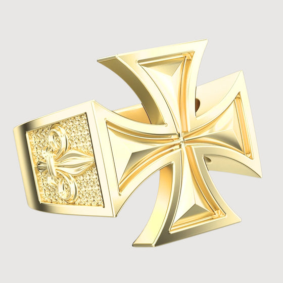 Elegant Maltese Cross Gold Ring with Fleur-de-LisRings