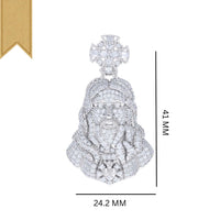 The Baguette Moissanite Cross Jesus Charm Pendant, shaped like a crowned head with a Moissanite cross on top, measures 41 mm tall by 24.2 mm wide and is displayed on a white background with a gold ribbon in the corner.