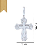 The Baguette Moissanite Cross Charm Pendant, measuring 64.7 mm by 35 mm, features rounded edges and sparkles on a white background with a gold ribbon—an elegant update of the classic sterling silver religious pendant.