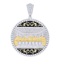 The Baguette Round Moissanite Last Supper Pendant features a round moissanite center with gold and silver details of The Last Supper, accented by ornate black and gold edging for stunning brilliance.