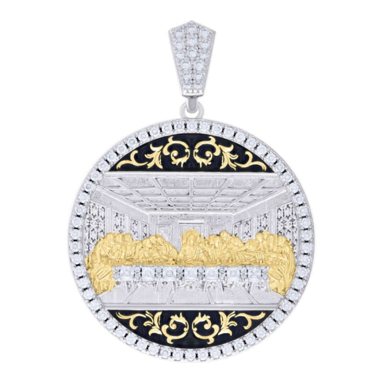 The Baguette Round Moissanite Last Supper Pendant features a round moissanite center with gold and silver details of The Last Supper, accented by ornate black and gold edging for stunning brilliance.