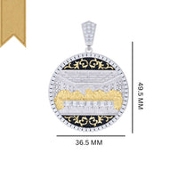 The Baguette Round Moissanite Last Supper Pendant showcases gold and silver tones, black accents, ornate patterns, a central architectural motif, and measures 49.5 mm high by 36.5 mm wide with a decorative top bail.