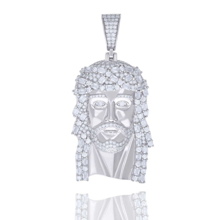 The Baguette Round Moissanite Jesus Religious Pendant is a 925 Sterling Silver bearded face with clear sparkling stones and a crown of thorns, resembling Jesus; it's an elegant religious jewelry piece shown on a white background.
