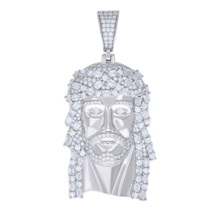 The Baguette Round Moissanite Jesus Religious Pendant is a 925 Sterling Silver piece featuring a detailed bearded face adorned with sparkling moissanite stones, beautifully highlighting the hair, eyes, and features for a striking religious accessory.