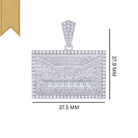 The Baguette Round Moissanite Last Supper pendant, crafted in rectangular sterling silver and set with sparkling stones, measures 37.5 mm by 37.9 mm and showcases timeless elegance on a plain white background.