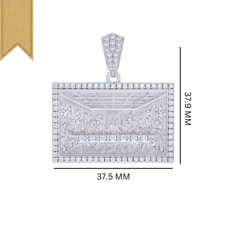 The Baguette Round Moissanite Last Supper pendant, crafted in rectangular sterling silver and set with sparkling stones, measures 37.5 mm by 37.9 mm and showcases timeless elegance on a plain white background.