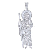 The Baguette Round Moissanite St. Jude Religious Pendant features a robed figure holding a staff, detailed engravings, a halo, and is adorned with sparkling moissanite stones.