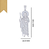 The Baguette Round Moissanite St. Jude Religious Pendant features a sterling silver figure with a staff, sparkling moissanite accents, gold ribbon detail at the top left, and measures 68.1 mm tall by 18.9 mm wide for an elegant touch.