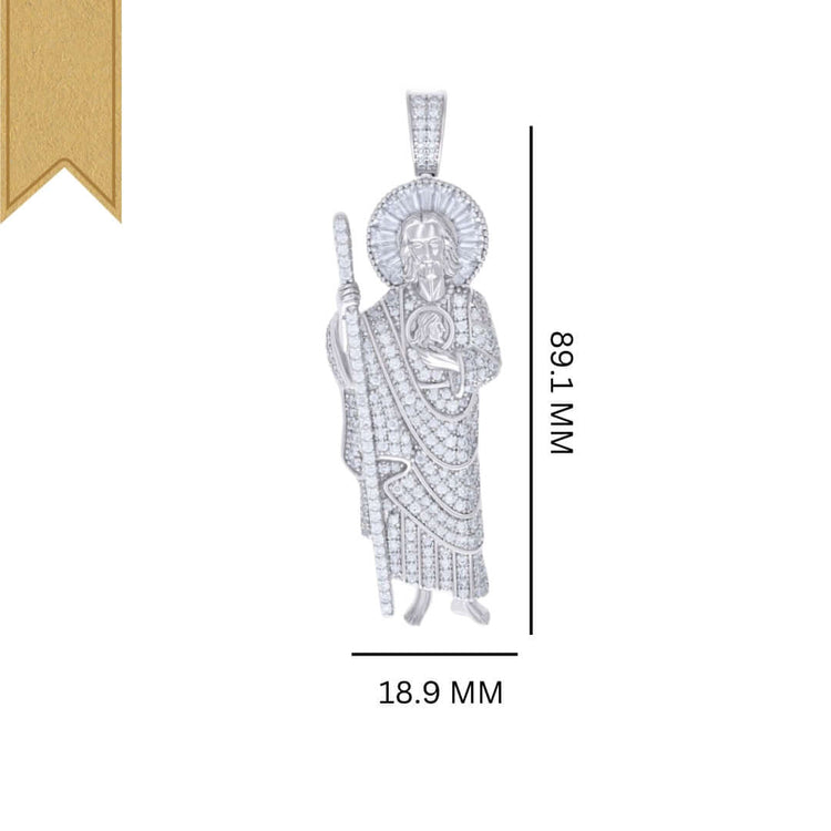 The Baguette Round Moissanite St. Jude Religious Pendant features a sterling silver figure with a staff, sparkling moissanite accents, gold ribbon detail at the top left, and measures 68.1 mm tall by 18.9 mm wide for an elegant touch.