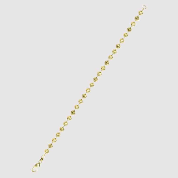 The Bead Bracelet - 3mm Moon Cut features evenly spaced round beads along a 14K solid yellow gold chain, secured with a lobster clasp and circular ring, offering timeless elegance for any occasion.