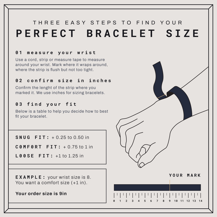 Discover how to find your Bead Bracelet - 4mm Moon Cut size with our illustrated guide—learn to measure your wrist, confirm the length, and select the perfect fit using a ruler and wrist diagram.
