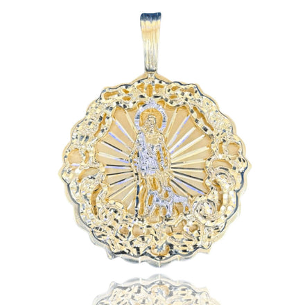 Big Saint Lazarus Circular Pendant in 10K solid gold, featuring a detailed depiction of Saint Lazarus with a scalloped edge, radiating lines, and intricate designs—a stunning piece of spiritual jewelry.