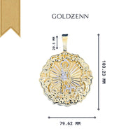 The Big Saint Lazarus Circular Pendant – 10K Solid Gold features a radiant religious figure in gold and silver, measuring 103.23 mm tall by 79.62 mm wide, displayed on a white background with GOLDZENN above.