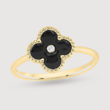  Product Image of a Black four leaf clover ring in 10k yellow gold. Featuring a 1/12ctw natural diamond in the center of the clover | GOLDZENN 