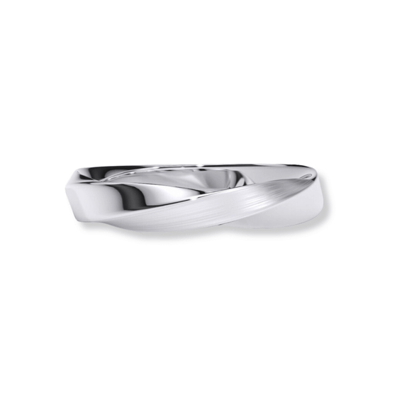 alt=" Discover the Braided White Gold Men’s Wedding Band. A refined 14K white gold wedding band featuring a braided center pattern and polished edges for modern elegance. "