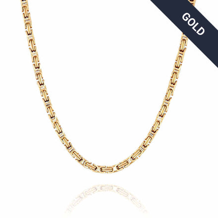 The Byzantine Chain - 9mm is displayed against a white background. A dark diagonal banner in the top right corner reads GOLD in white text, emphasizing the bold presence of this chain’s intricate byzantine design.