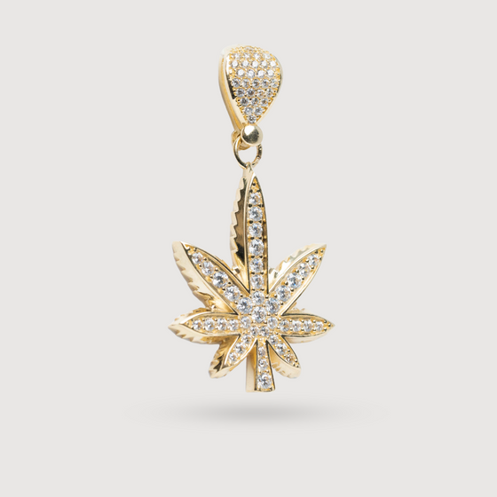 Cannabis Pendant with CZ Stones - 14k Yellow Gold