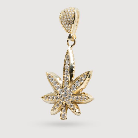 Cannabis Pendant with CZ Stones - 14k Yellow Gold