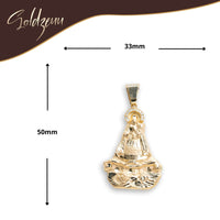 The Caridad Del Cobre Pendant with CZ Stones, crafted in 14k solid yellow gold, features a detailed figure with outstretched arms (50mm x 33mm), displayed on a white background with Soldzeuu branding.