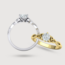  Image of Round Solitaire 1.5ct Celtic Love Knot Engagement Ring in White and Yellow Gold. Crafted from 14k or 18k Solid Gold, featuring a 1.5ct ethically created Lab Grown Diamond | GOLDZENN