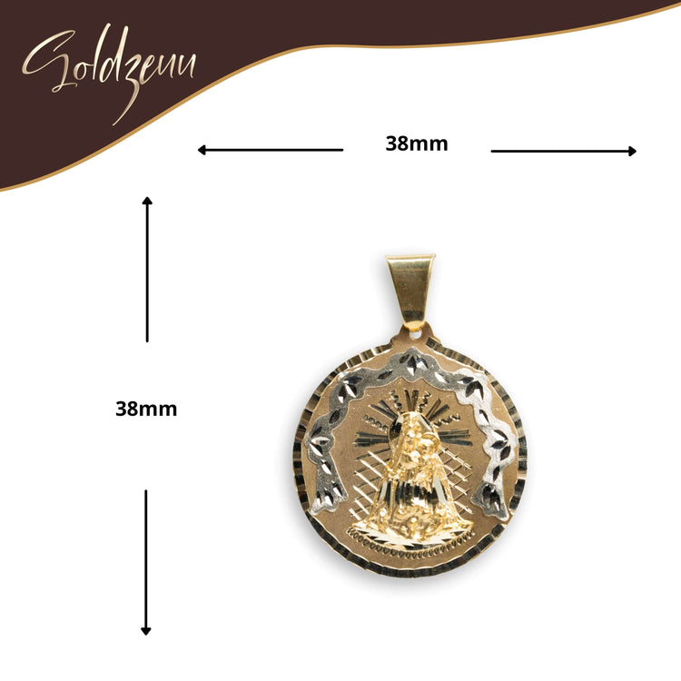 14k solid yellow gold Circular Caridad Del Cobre, Lady of Charity pendant with a raised Virgin Mary, rays, and detailed border. Measures 38mm diameter. Shown on a white background with dimension arrows.