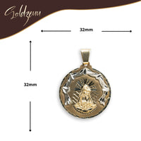 The Circular Caridad Del Cobre, Lady of Charity Pendant is crafted from 14k solid yellow gold. This circular Virgin Mary pendant measures 32mm in height and width, with Soldzeuu at the top left and ornate detailing around the center image.