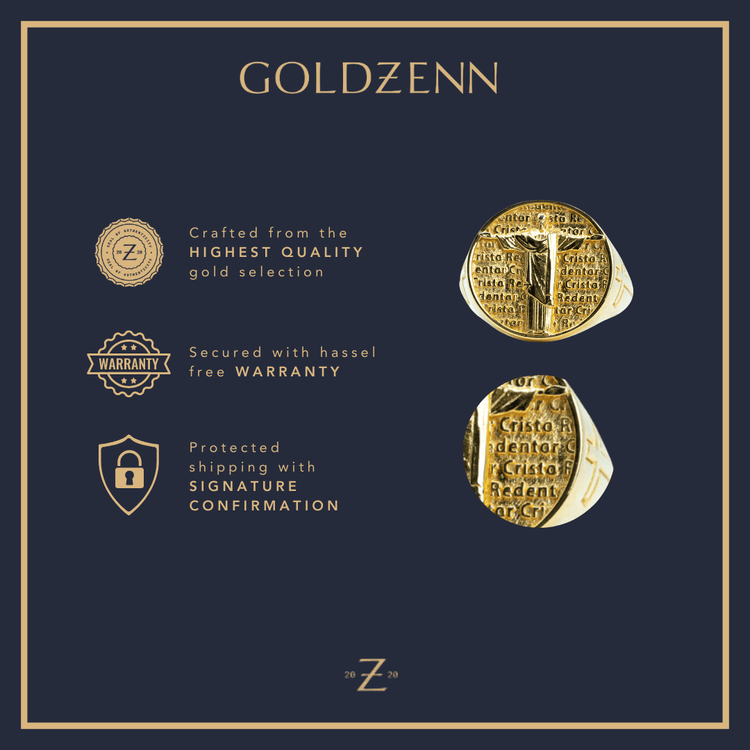 Goldzenn promotional image featuring the Circular Jesus Ring in 14k solid yellow gold, highlighted with icons for high-quality gold, warranty, and signature confirmation on a dark blue background with gold accents.