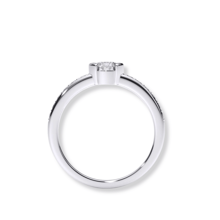 The Classic Channel-Set Lab Diamond Engagement Ring features a round brilliant-cut lab diamond on a sleek, polished white metal band, shown from the side against a white background.