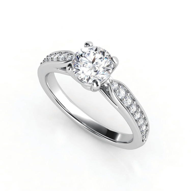 The Classic Round-Cut Lab Diamond Engagement Ring with Side Pave Details features a dazzling center stone and sparkling side accents on a split shank band, beautifully displayed against a white background.