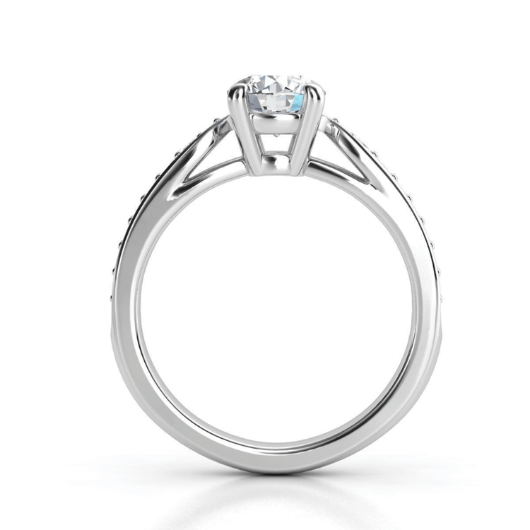 A close-up image of the Classic Round-Cut Lab Diamond Engagement Ring with side pave details, showcasing its round solitaire and plain band, viewed from the side against a white background.