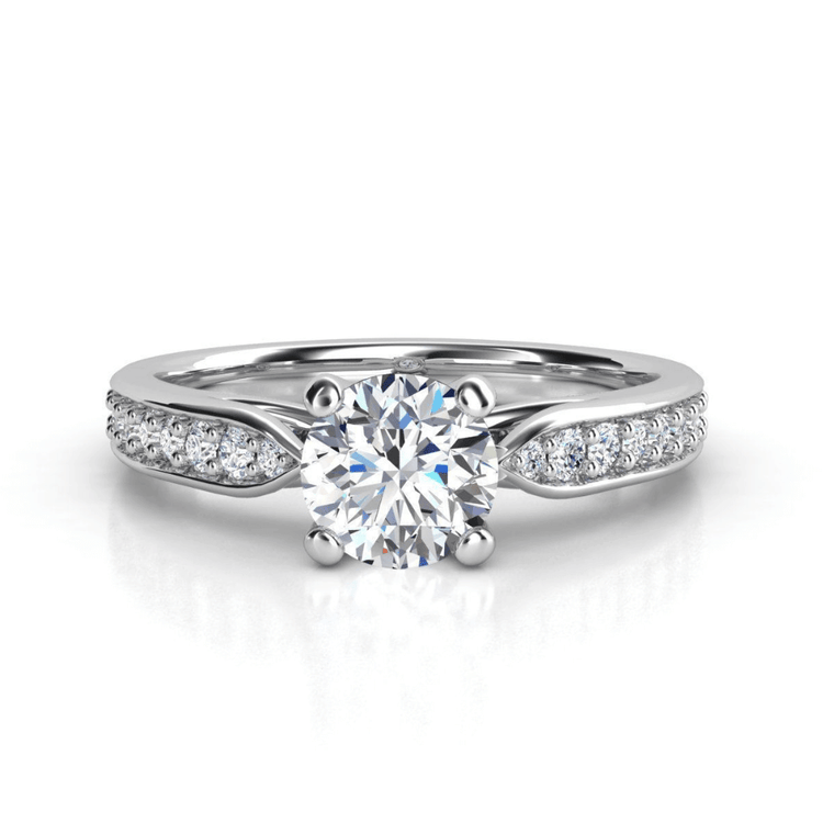 The Classic Round-Cut Lab Diamond Engagement Ring with Side Pave Details features a brilliant solitaire in white gold and pavé-set diamonds on a split shank—an elegant women's engagement ring.