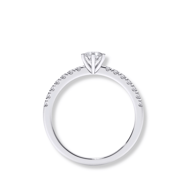 The Classic Solitaire Lab Diamond Ring with Dazzling Pavé Accents features a round lab-grown diamond in a prong setting, set in white gold or platinum, with sparkling pavé accent diamonds on the band, displayed against a white background.