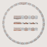 The Cluster Tennis Chain 14k - 11mm is a round men's necklace with alternating silver and 14K gold rectangular links set with diamonds. Three close-up side views of the necklace links appear in the center.