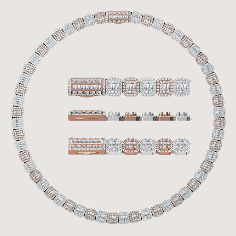 The Cluster Tennis Chain 14k - 11mm is a round men's necklace with alternating silver and 14K gold rectangular links set with diamonds. Three close-up side views of the necklace links appear in the center.