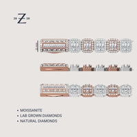 Compare three 14K gold bracelets: moissanite, lab grown diamonds, and natural diamonds. Each Cluster Tennis Chain 14k - 11mm features square and round settings in white and rose gold, shown from side and top views.