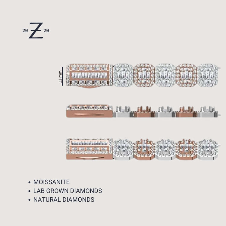 Compare three 14K gold bracelets: moissanite, lab grown diamonds, and natural diamonds. Each Cluster Tennis Chain 14k - 11mm features square and round settings in white and rose gold, shown from side and top views.