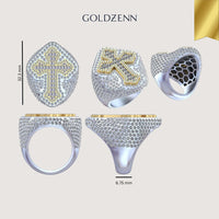 The Cross Diamond Signet Ring – 7.20 CT Baguette and Pavé Design is a men's gold ring with a bold cross pattern, encrusted with diamonds. Measuring 32.3 mm x 6.75 mm, it's shown from multiple angles on a beige background with GOLDZENN text and gold ribbon.