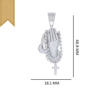The Cross Praying Hands Symbol Religious Charm Pendant is crafted from 925 sterling silver with a beaded rosary and cross design, measures 48.9mm by 18.1mm, and features a gold ribbon accent for added elegance.