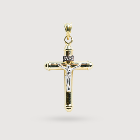 Shop small Jesus INIR cross pendant, crafted in 10k solid white and yellow gold. 