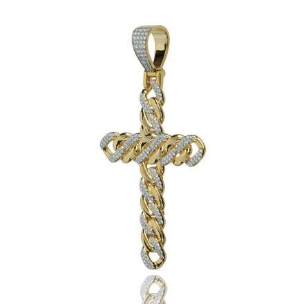The Lab Diamond Cuban Link Cross Pendant showcases VS clarity lab-grown diamonds set along its Cuban link design, displayed against a white background.