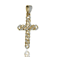 Lab Diamond Cuban Link Cross Pendant showcasing a twisted chain design, polished gold finish, and VS Clarity lab-grown diamonds encrusted on the cross, isolated on a white background.