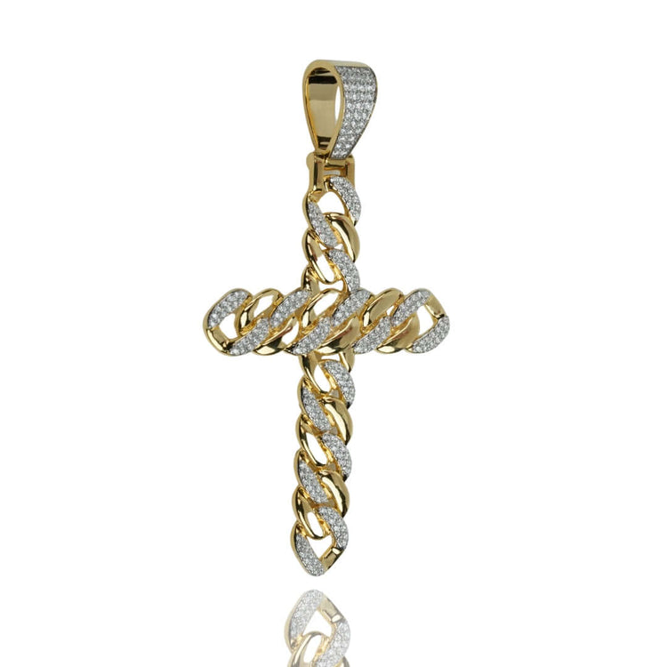 Lab Diamond Cuban Link Cross Pendant showcasing a twisted chain design, polished gold finish, and VS Clarity lab-grown diamonds encrusted on the cross, isolated on a white background.